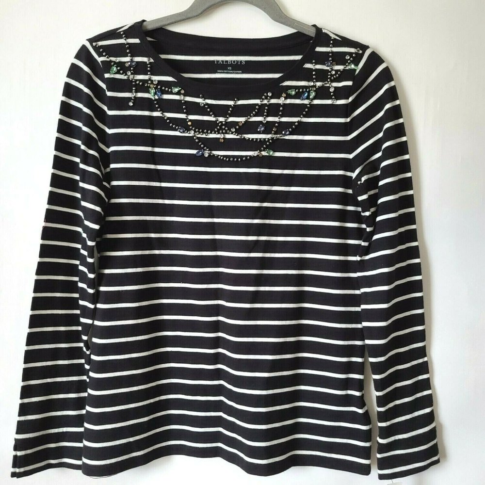 Talbots Long Sleeve T Shirt Top Size XS Sequin Neckline Black White Stripe NWT